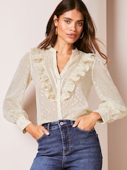 Lipsy Cream Ruffle Button Through V Neck Blouse - Image 1 of 4