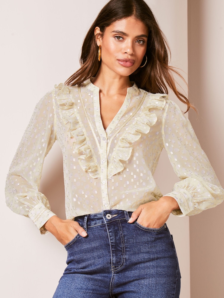 Lipsy Cream Ruffle Button Through V Neck Blouse - Image 1 of 4