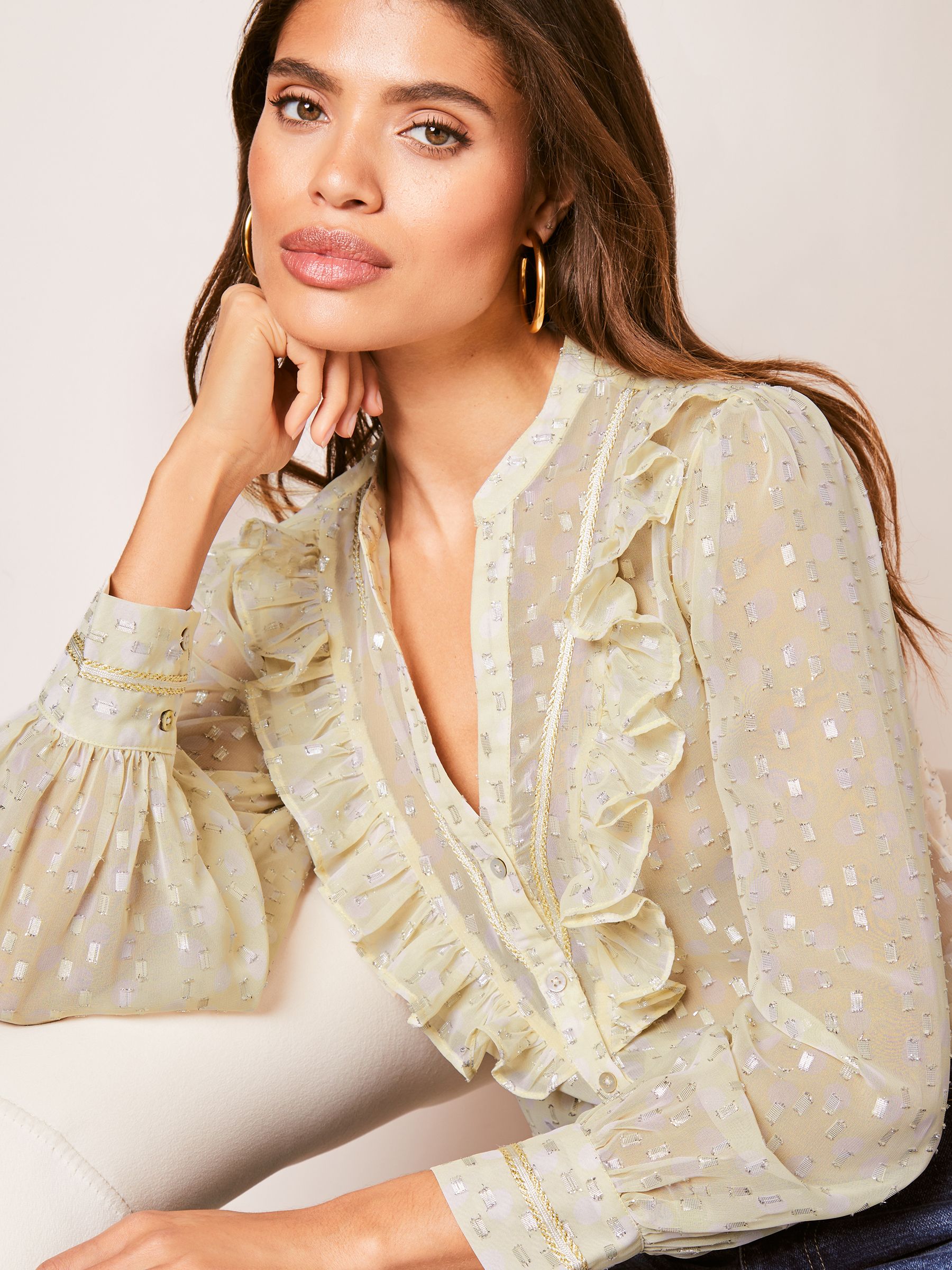 Buy Lipsy Cream Ruffle Button Through V Neck Blouse from Next Saudi Arabia