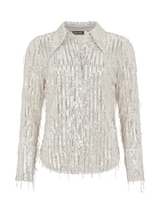 Mint Velvet Cream Pale Gold Sequin Tassel Shirt - Image 3 of 4