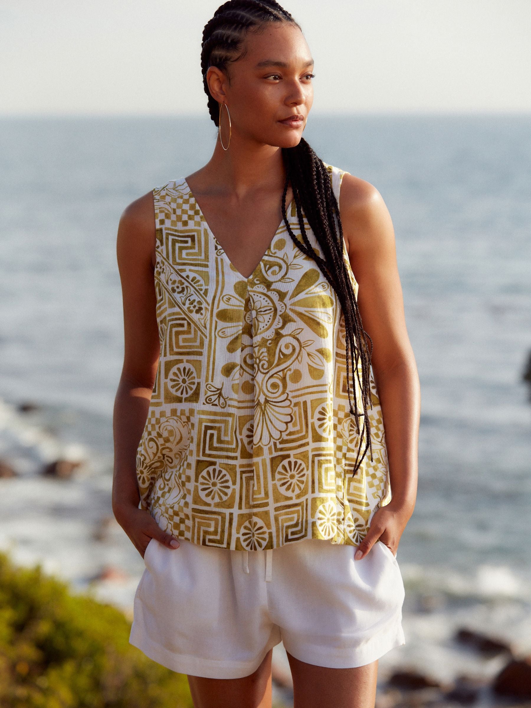 Buy Green/Ecru Tile Linen Blend V-Neck Summer Top from Next Luxembourg