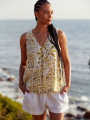 Green/Ecru Tile Linen Blend V-Neck Summer Top - Image 1 of 6