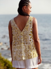 Green/Ecru Tile Linen Blend V-Neck Summer Top - Image 2 of 6