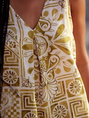Green/Ecru Tile Linen Blend V-Neck Summer Top - Image 4 of 6