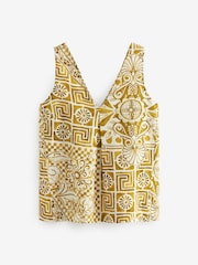 Green/Ecru Tile Linen Blend V-Neck Summer Top - Image 6 of 6