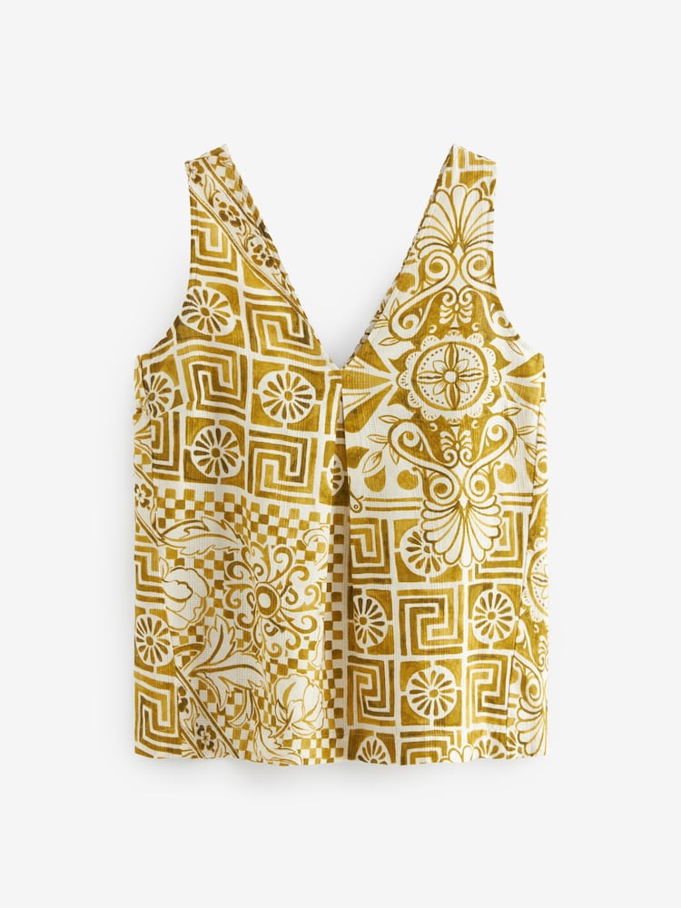 Green/Ecru Tile Linen Blend V-Neck Summer Top - Image 6 of 6
