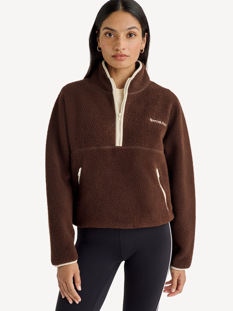 Sporty & Rich Brown Serif Logo Sherpa Quarter Zip Fleece - Image 1 of 5 Sporty & Rich Brown Serif Logo Sherpa Quarter Zip Fleece - Image 1 of 5