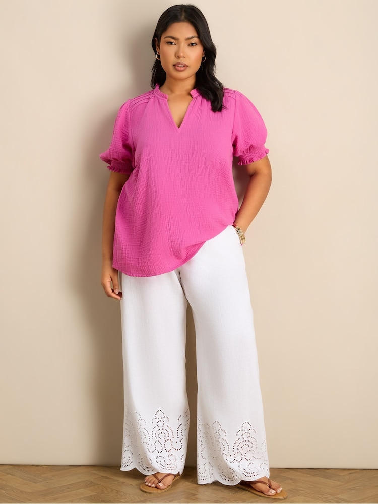 Live Unlimited Pink Cheesecloth Shirred Cuff Top - Image 1 of 7 Live Unlimited Pink Cheesecloth Shirred Cuff Top - Image 1 of 7