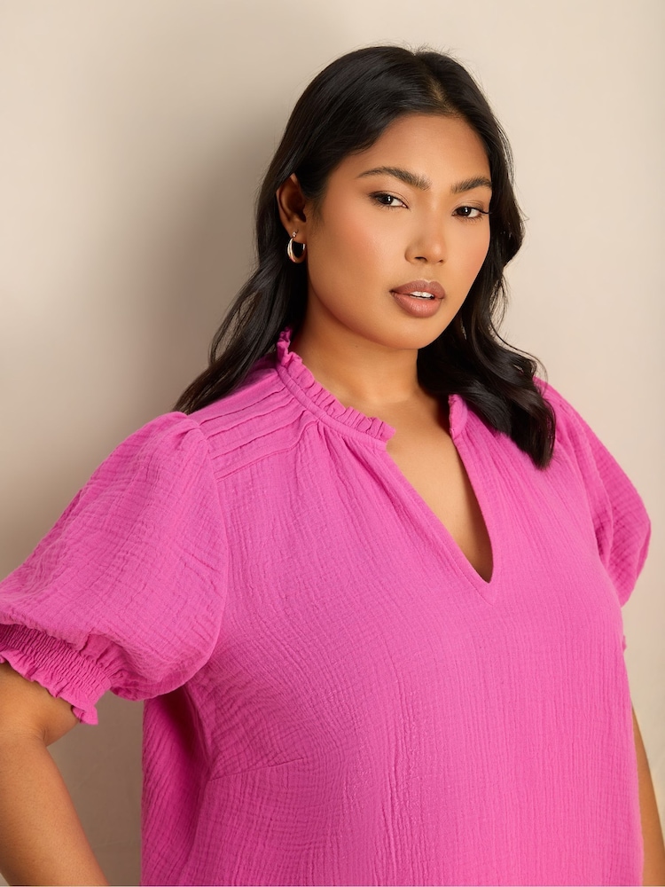Live Unlimited Pink Cheesecloth Shirred Cuff Top - Image 2 of 7 Live Unlimited Pink Cheesecloth Shirred Cuff Top - Image 2 of 7