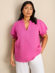 Live Unlimited Pink Cheesecloth Shirred Cuff Top - Image 4 of 7