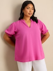 Live Unlimited Pink Cheesecloth Shirred Cuff Top - Image 6 of 7