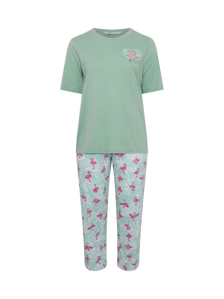 Yours Curve Green Flamingo Short Sleeve T-Shirt & Wide Leg Bottoms Pyjamas Set - Image 5 of 5