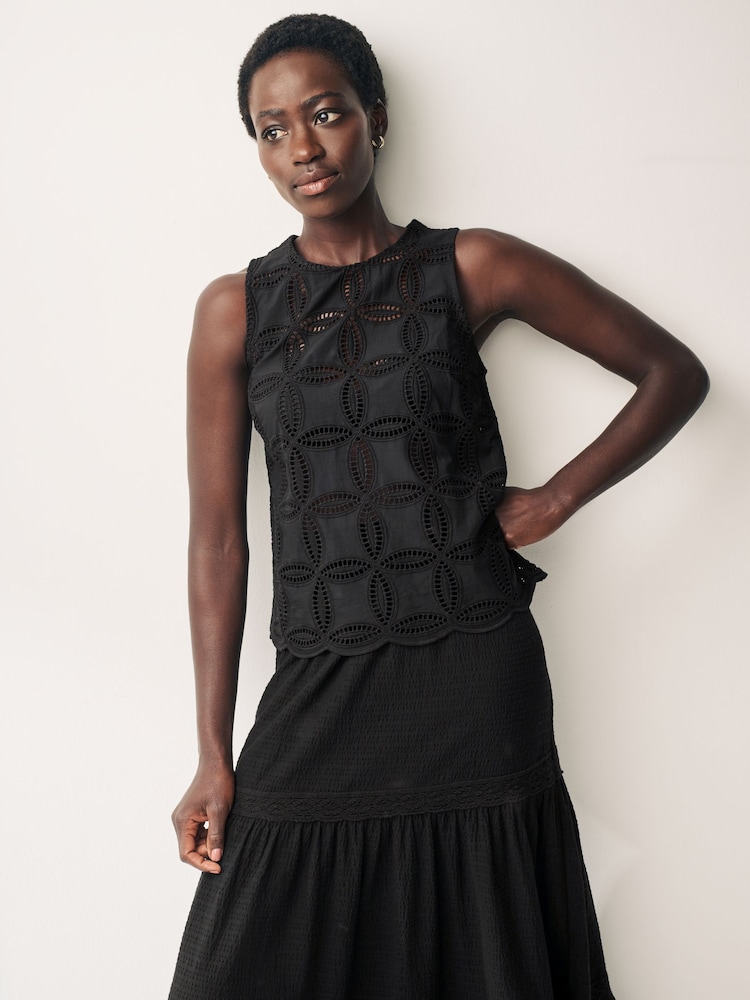 Black 100% Cotton Sleeveless Broderie Top - Image 1 of 6