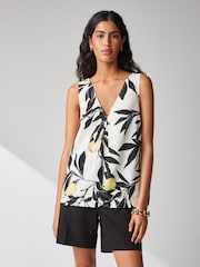 Ecru/Black Lemon Print Linen Blend V-Neck Summer Top - Image 2 of 6