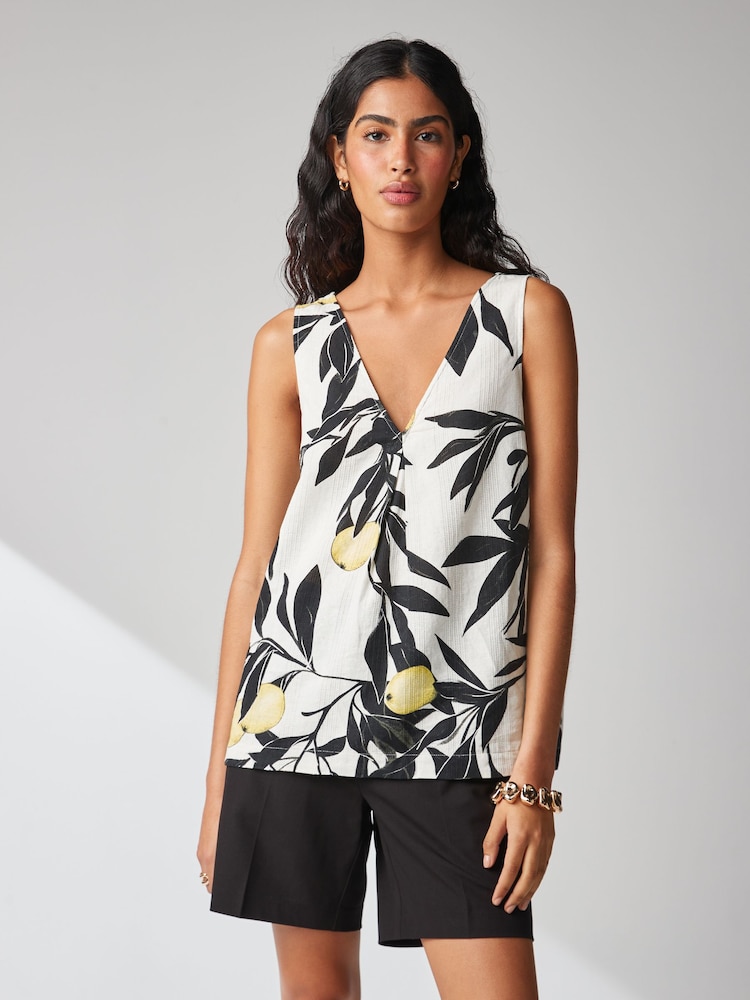 Ecru/Black Lemon Print Linen Blend V-Neck Summer Top - Image 2 of 6