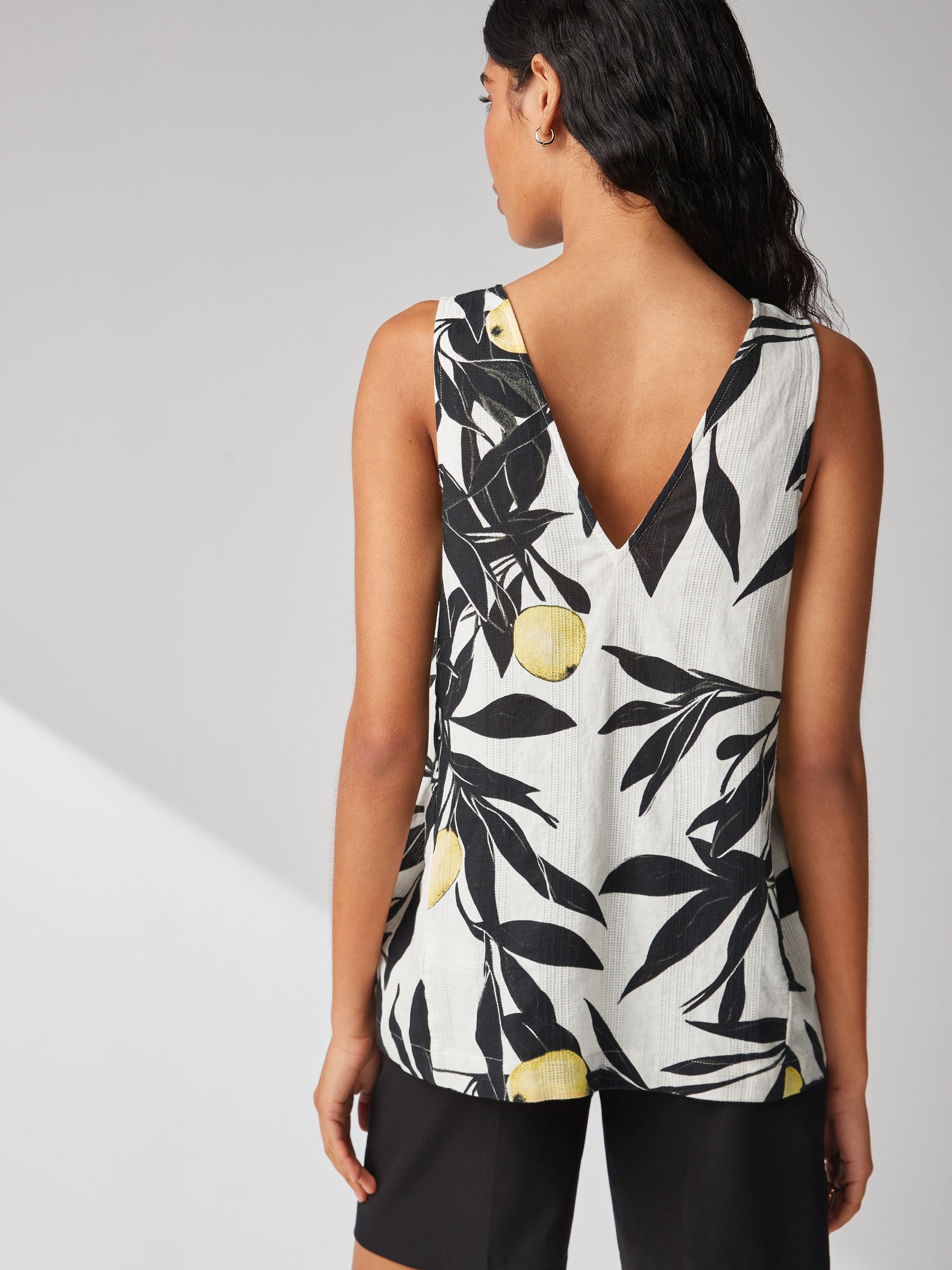 Buy Ecru/Black Lemon Print Linen Blend V-Neck Summer Top