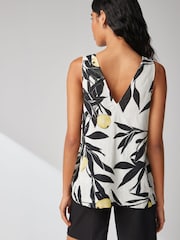 Ecru/Black Lemon Print Linen Blend V-Neck Summer Top - Image 3 of 6