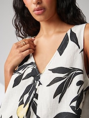 Ecru/Black Lemon Print Linen Blend V-Neck Summer Top - Image 4 of 6