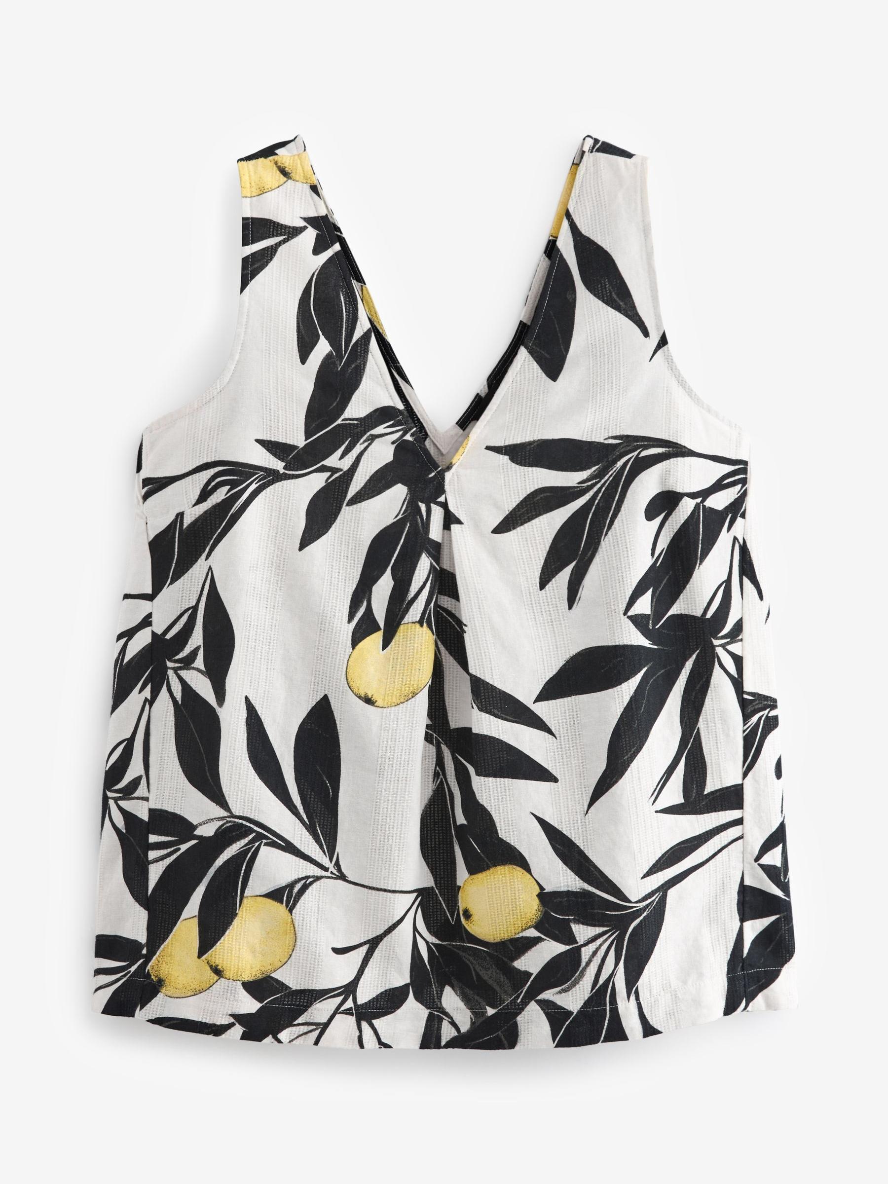 Buy Ecru/Black Lemon Print Linen Blend V-Neck Summer Top
