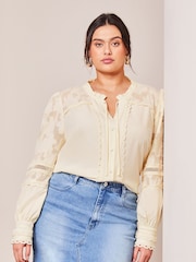 Lipsy Ivory White Curve Long Sleeve Tie Neck Button Through Blouse - Image 1 of 4