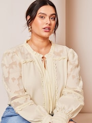 Lipsy Ivory White Curve Long Sleeve Tie Neck Button Through Blouse - Image 4 of 4