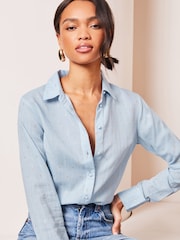 Lipsy Blue Chambrey Metallic Collared Button Through Shirt - Image 1 of 4