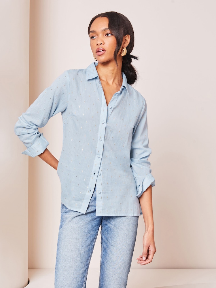 Lipsy Blue Chambrey Metallic Collared Button Through Shirt - Image 2 of 4