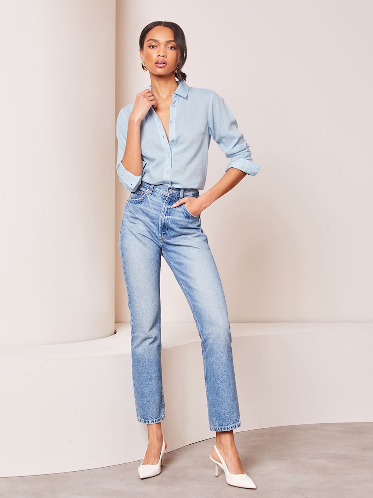 Lipsy Blue Chambrey Metallic Collared Button Through Shirt - Image 4 of 4