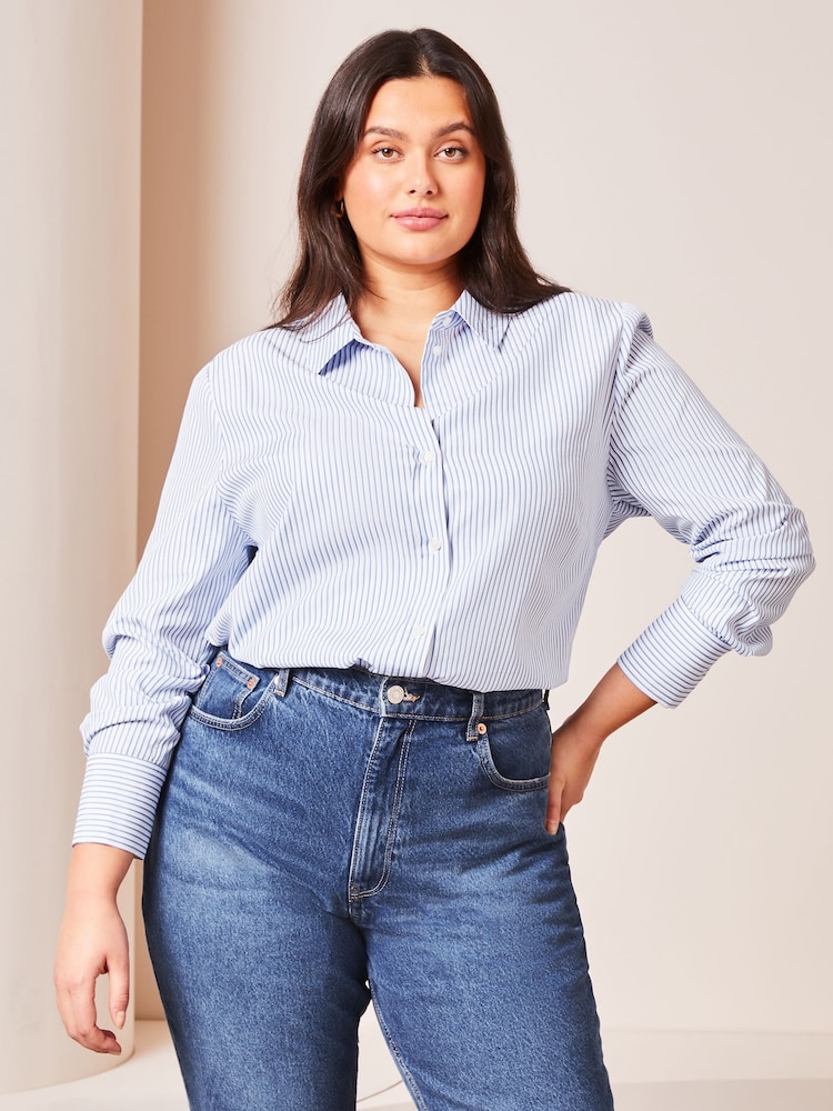 Lipsy Blue Stripe Curve Collared Button Through Shirt - Image 1 of 4
