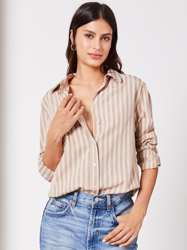 Lipsy Brown Stripe Collared Button Through Shirt - Image 1 of 4