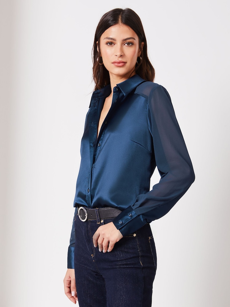 Lipsy Navy Blue Satin Sleeve Button Through Shirt - Image 1 of 4