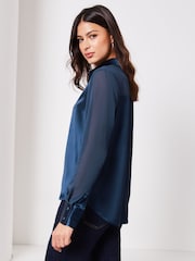 Lipsy Navy Blue Satin Sleeve Button Through Shirt - Image 2 of 4