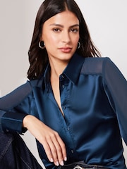 Lipsy Navy Blue Satin Sleeve Button Through Shirt - Image 4 of 4