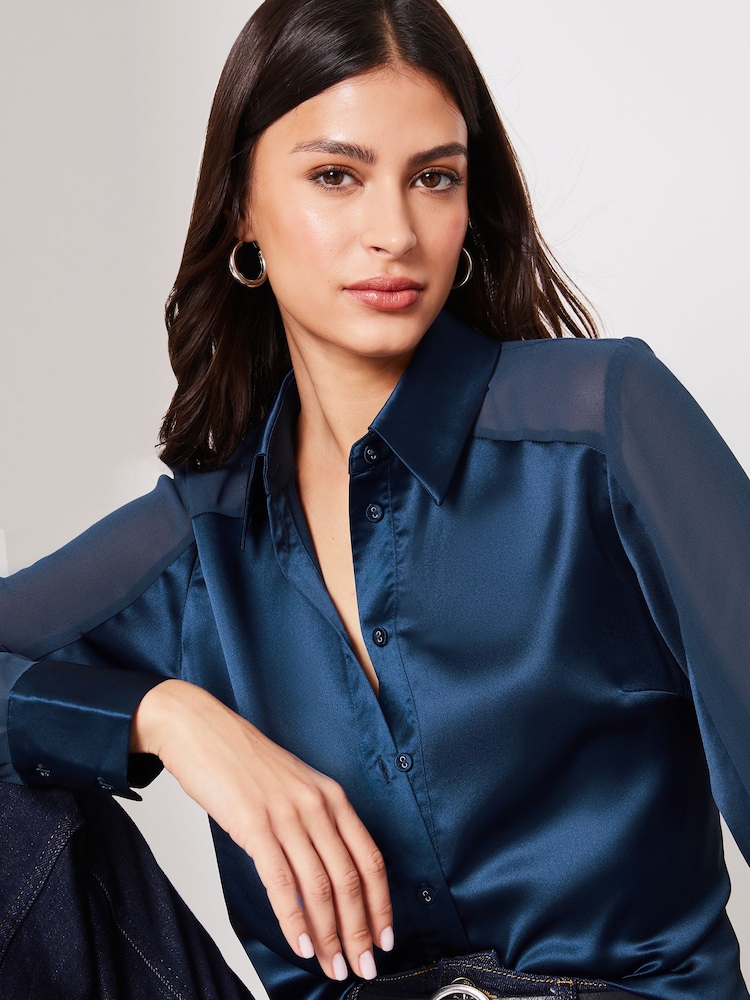 Lipsy Navy Blue Satin Sleeve Button Through Shirt - Image 4 of 4