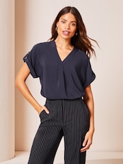 Lipsy Navy Blue Utility V Neck Shorts Roll Sleeve Top - Image 1 of 4