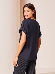 Lipsy Navy Blue Utility V Neck Shorts Roll Sleeve Top - Image 2 of 4