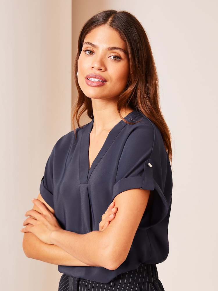 Lipsy Navy Blue Utility V Neck Shorts Roll Sleeve Top - Image 4 of 4