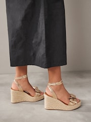 Gold Signature Leather Bow Wedges - Image 2 of 10