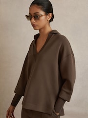 Reiss Chocolate Bernie Relaxed Open-Collar Jumper - Image 1 of 6