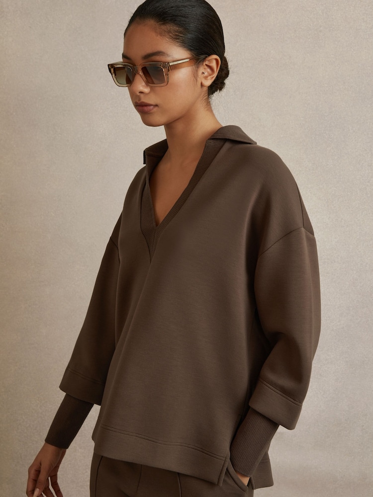 Reiss Chocolate Bernie Relaxed Open-Collar Jumper - Image 1 of 6