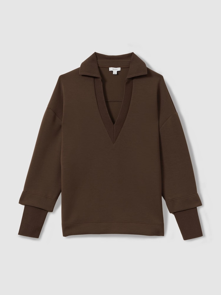 Reiss Chocolate Bernie Relaxed Open-Collar Jumper - Image 2 of 6