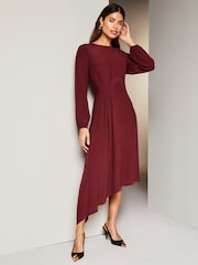 Lipsy Berry Red Long Sleeve Asymmetric Hanky Hem Pleated Midi Dress - Image 1 of 4