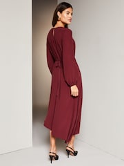 Lipsy Berry Red Long Sleeve Asymmetric Hanky Hem Pleated Midi Dress - Image 2 of 4