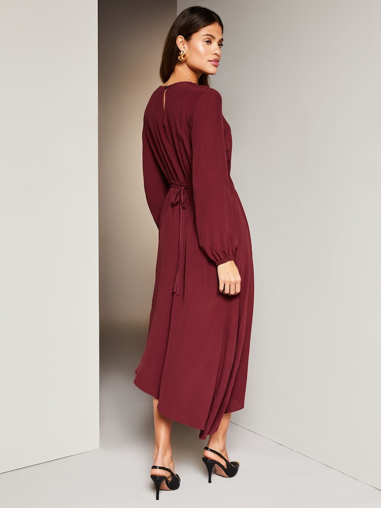 Lipsy Berry Red Long Sleeve Asymmetric Hanky Hem Pleated Midi Dress - Image 2 of 4