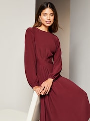 Lipsy Berry Red Long Sleeve Asymmetric Hanky Hem Pleated Midi Dress - Image 3 of 4