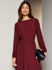 Lipsy Berry Red Long Sleeve Asymmetric Hanky Hem Pleated Midi Dress - Image 4 of 4