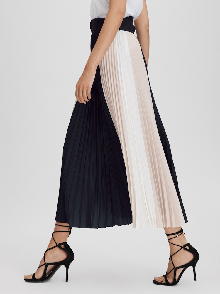 Reiss Navy/Nude Ava Colourblock Pleated Midi Skirt - Image 1 of 6