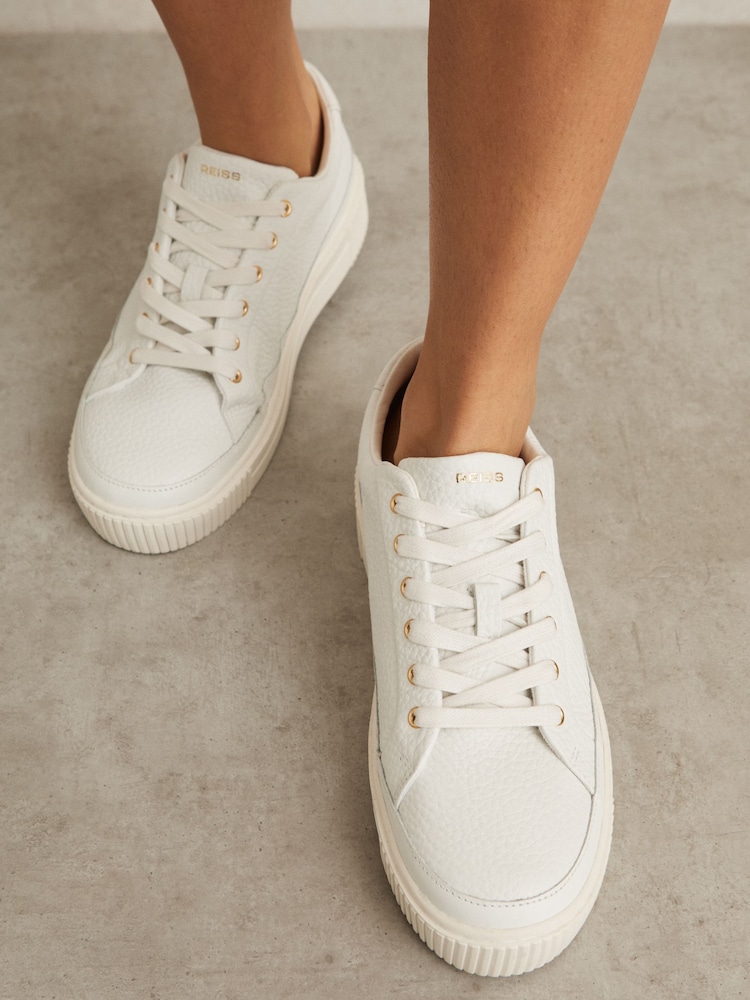 Reiss White Leanne Grained Leather Platform Trainers - Image 2 of 5