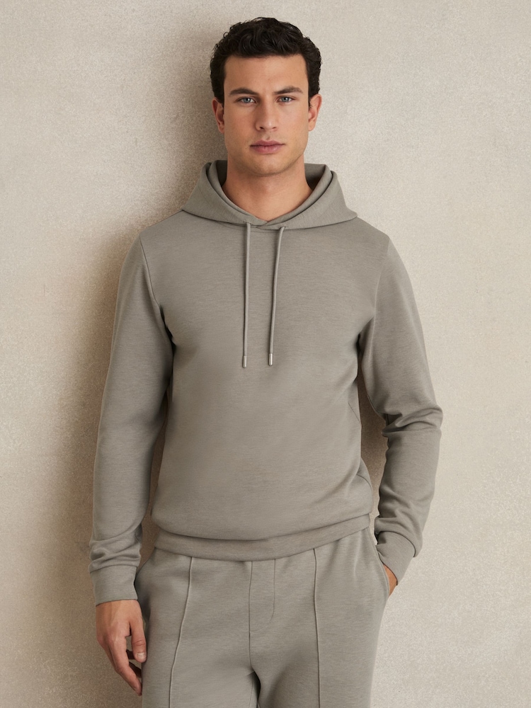 Reiss Taupe Fabien Interlock Jersey Drawstring Hoodie - Image 1 of 8