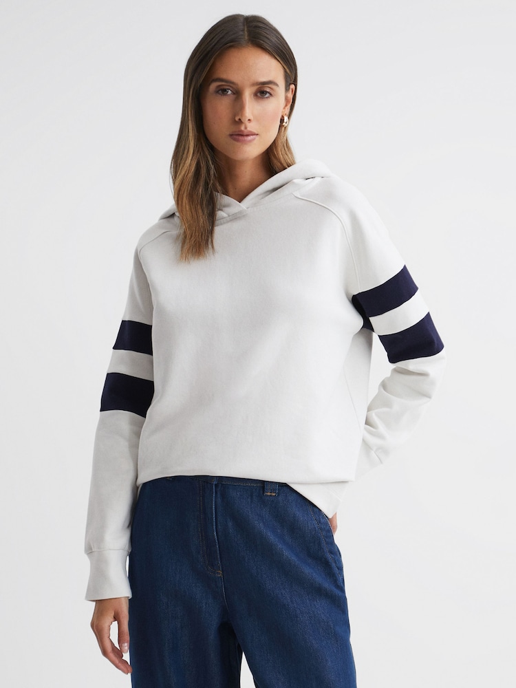 Reiss Neutral/Navy Dee Cotton Blend Striped Hoodie - Image 1 of 5